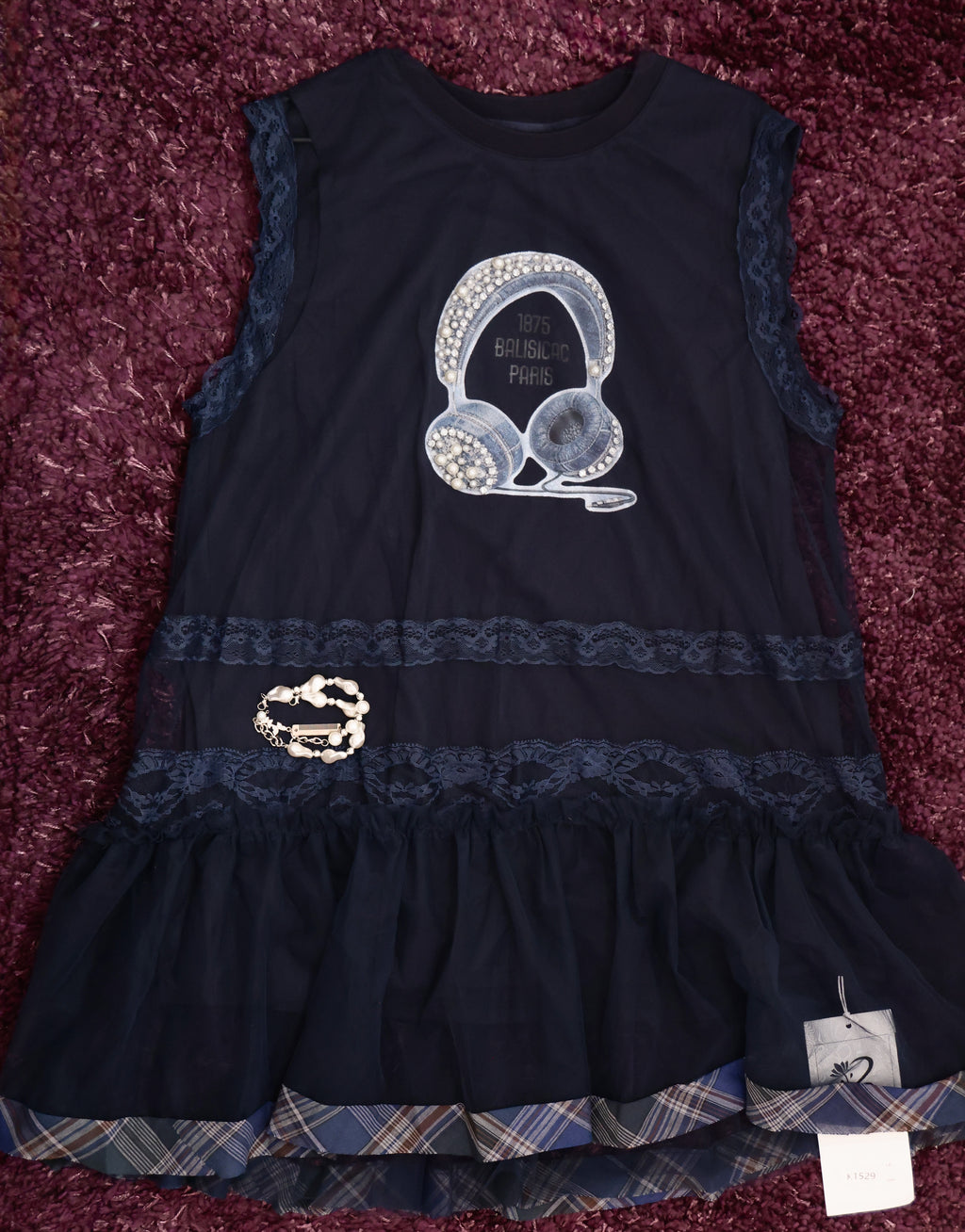 Rochie Bleumarin din Tul cu Print Grafic și Dantelă