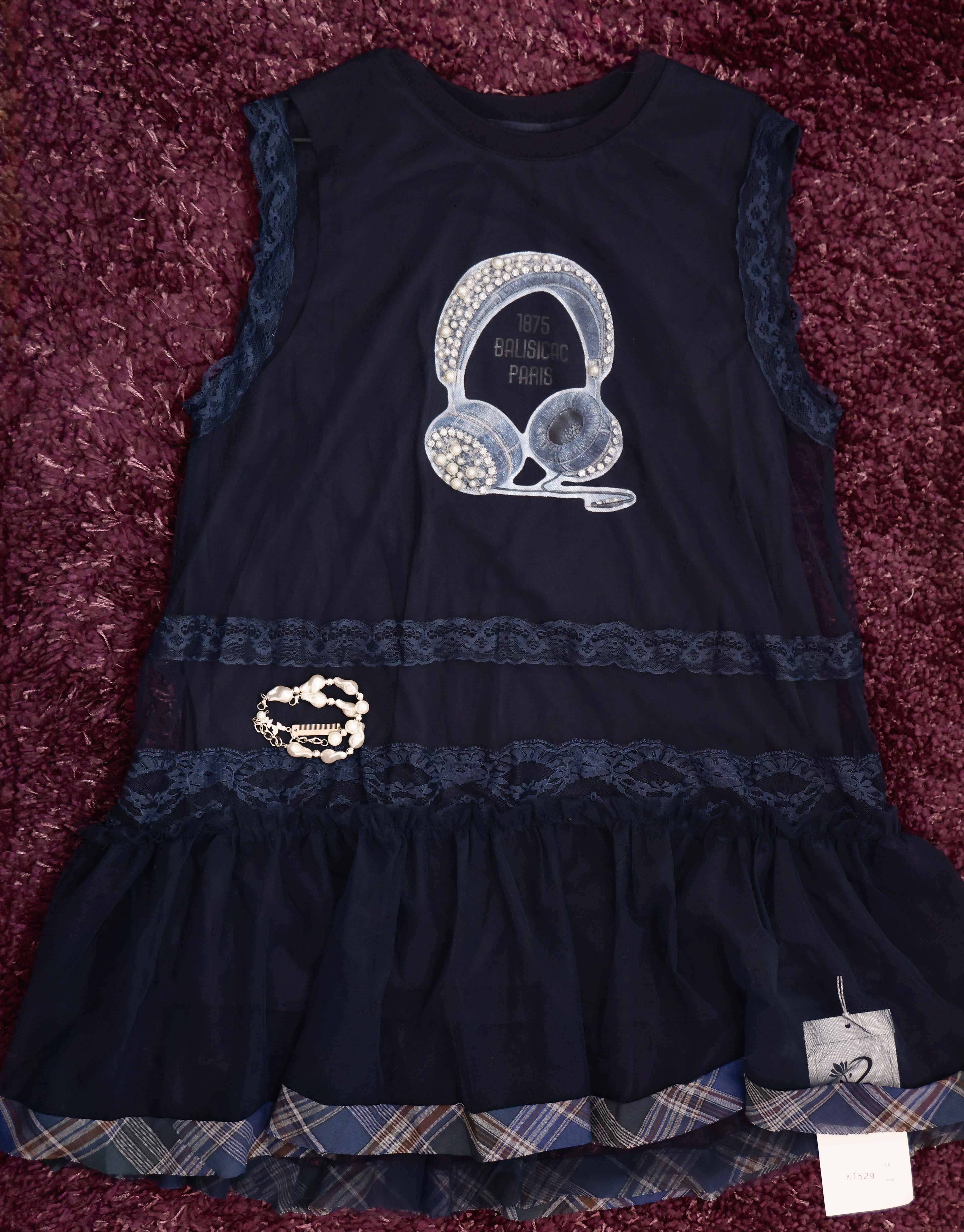 Rochie Bleumarin din Tul cu Print Grafic și Dantelă