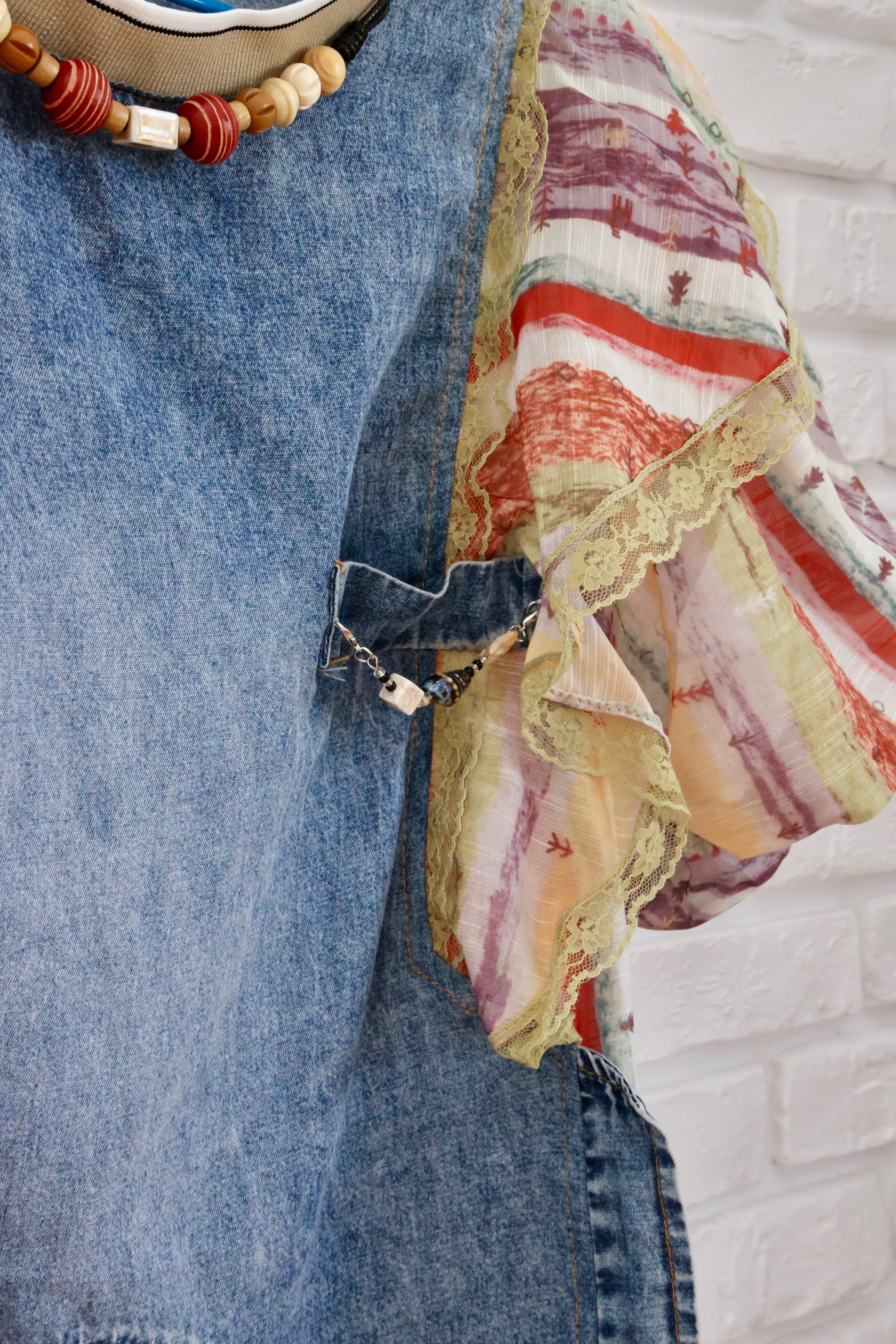 Rochie Denim Boho cu Mâneci Volan Print Etnic