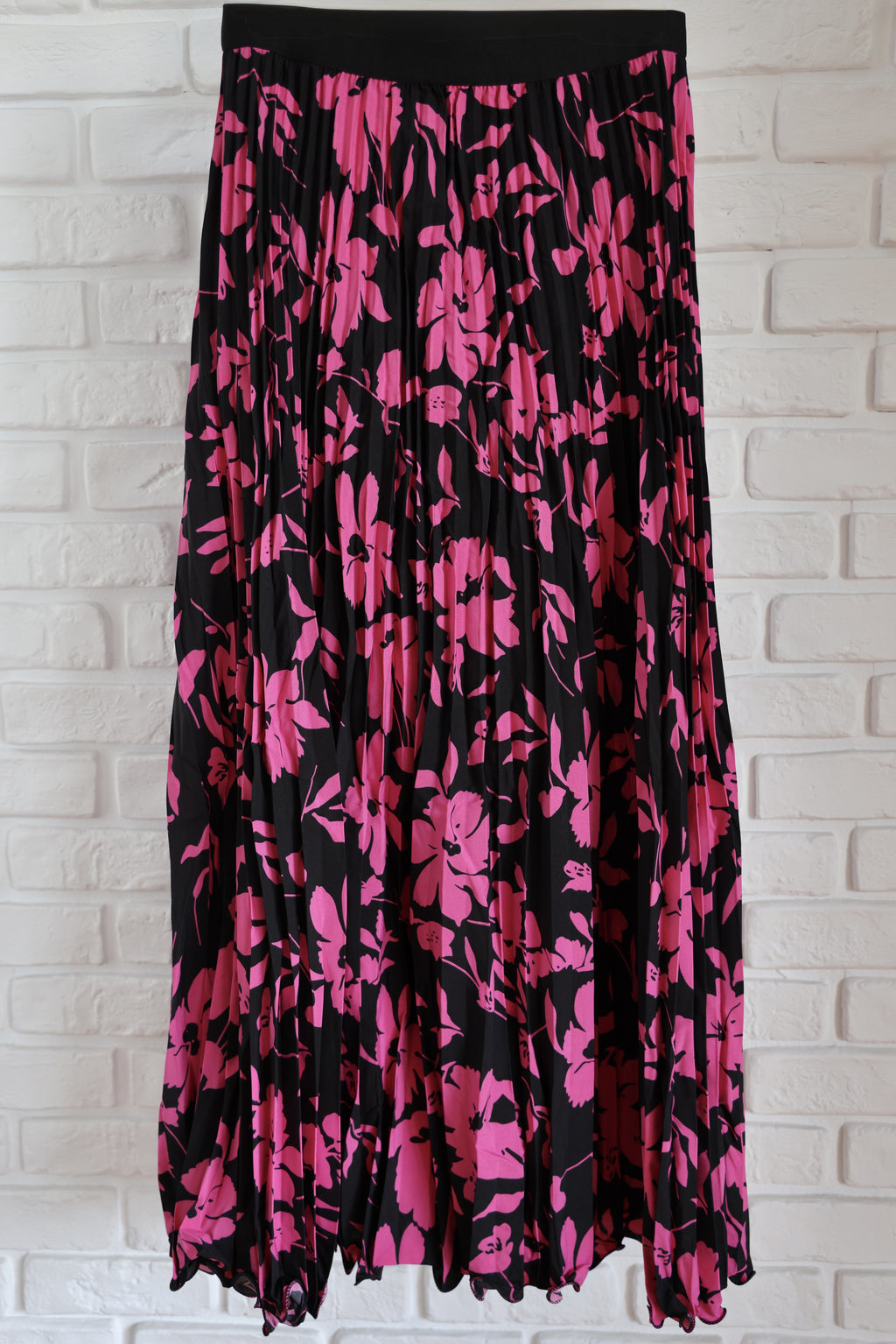 Fustă Midi Plisată cu Print Floral Roz-Negru