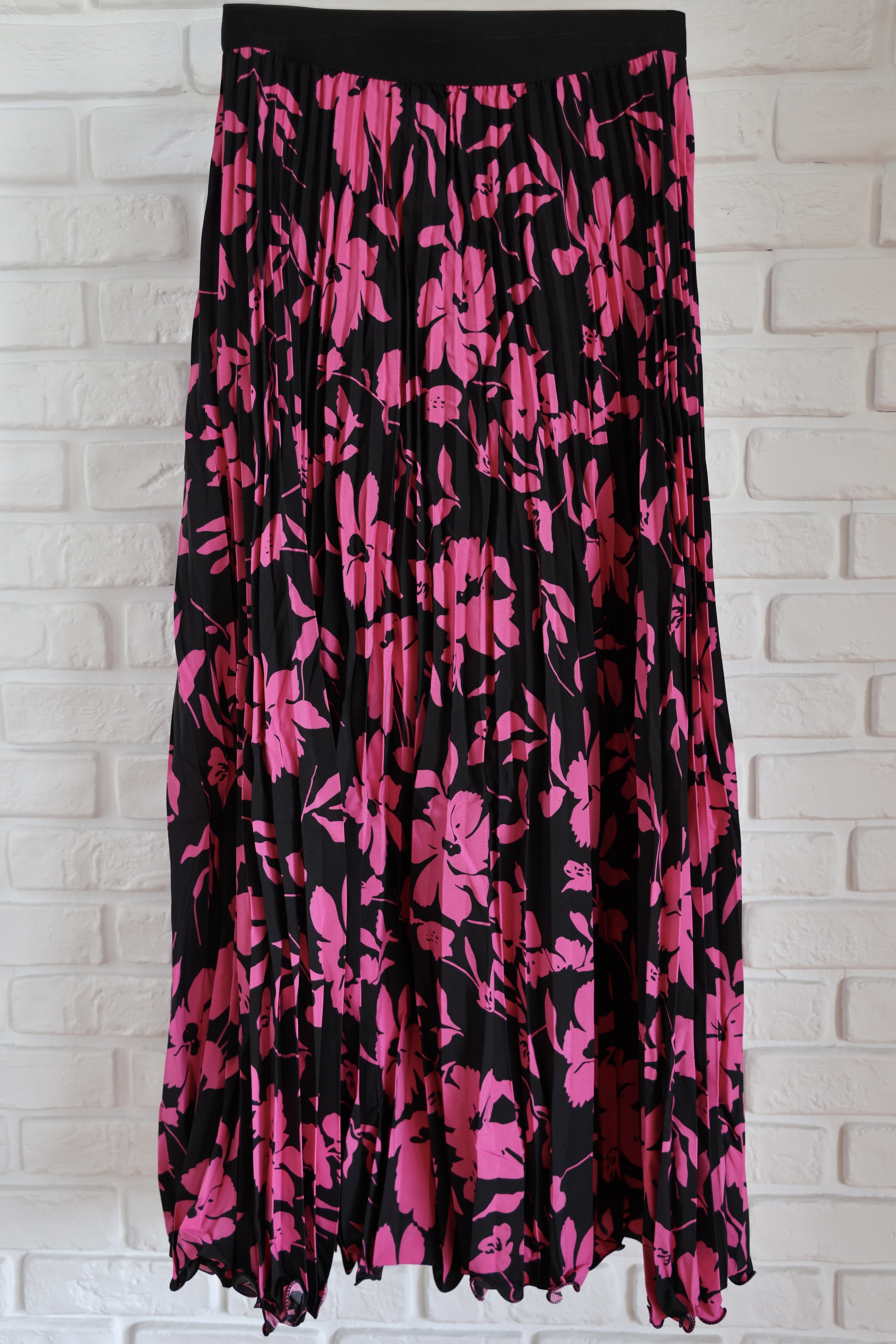 Fustă Midi Plisată cu Print Floral Roz-Negru