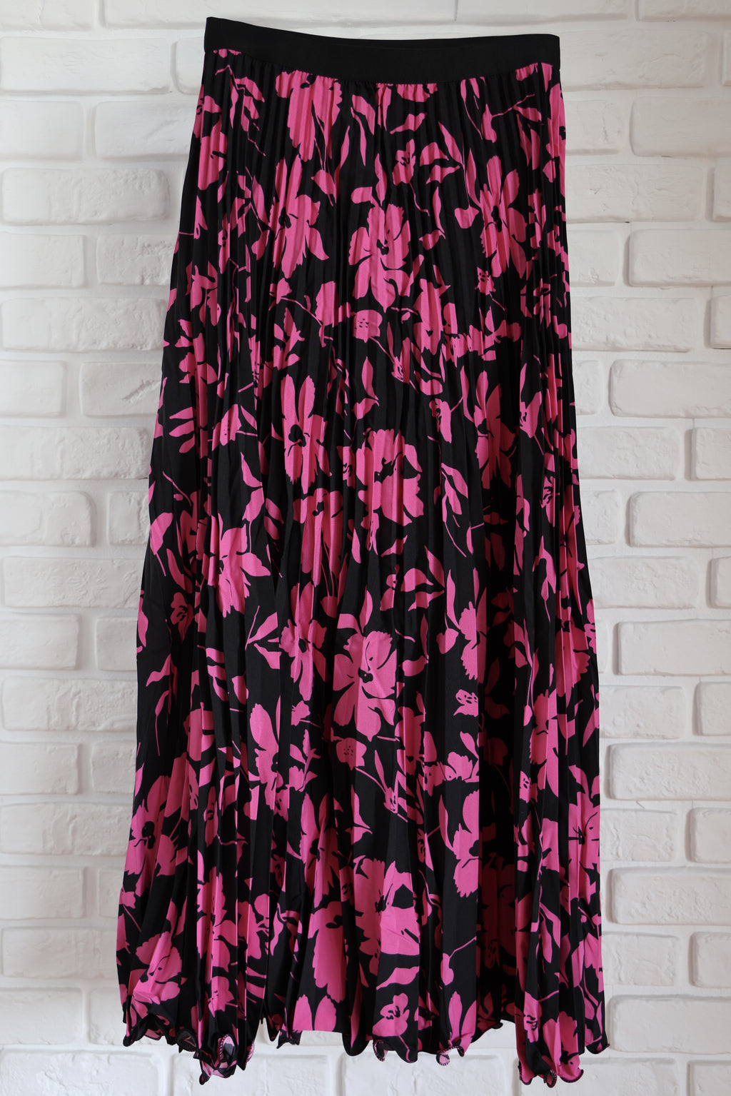 Fustă Midi Plisată cu Print Floral Roz-Negru