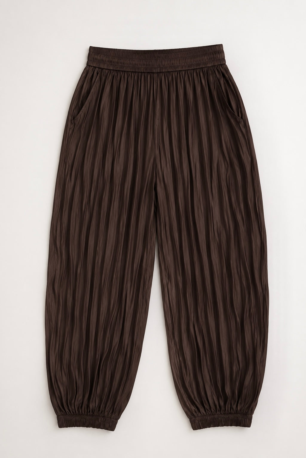 Pantaloni Satinați Plisați, Talie și Manșetă Elastică