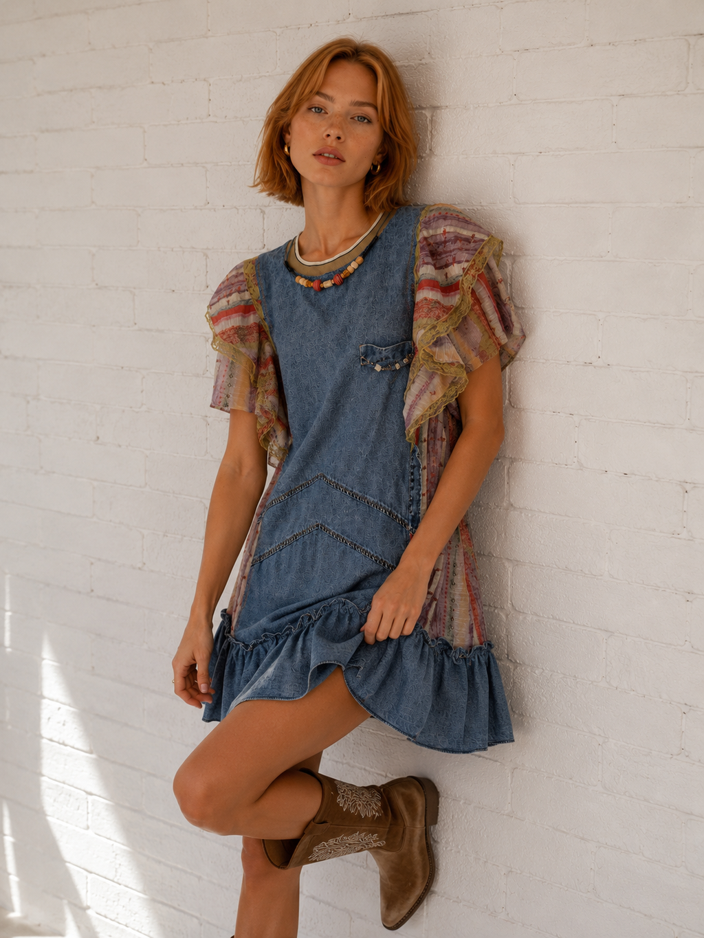 Rochie Denim Boho cu Mâneci Volan Print Etnic