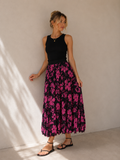 Fustă Midi Plisată cu Print Floral Roz-Negru