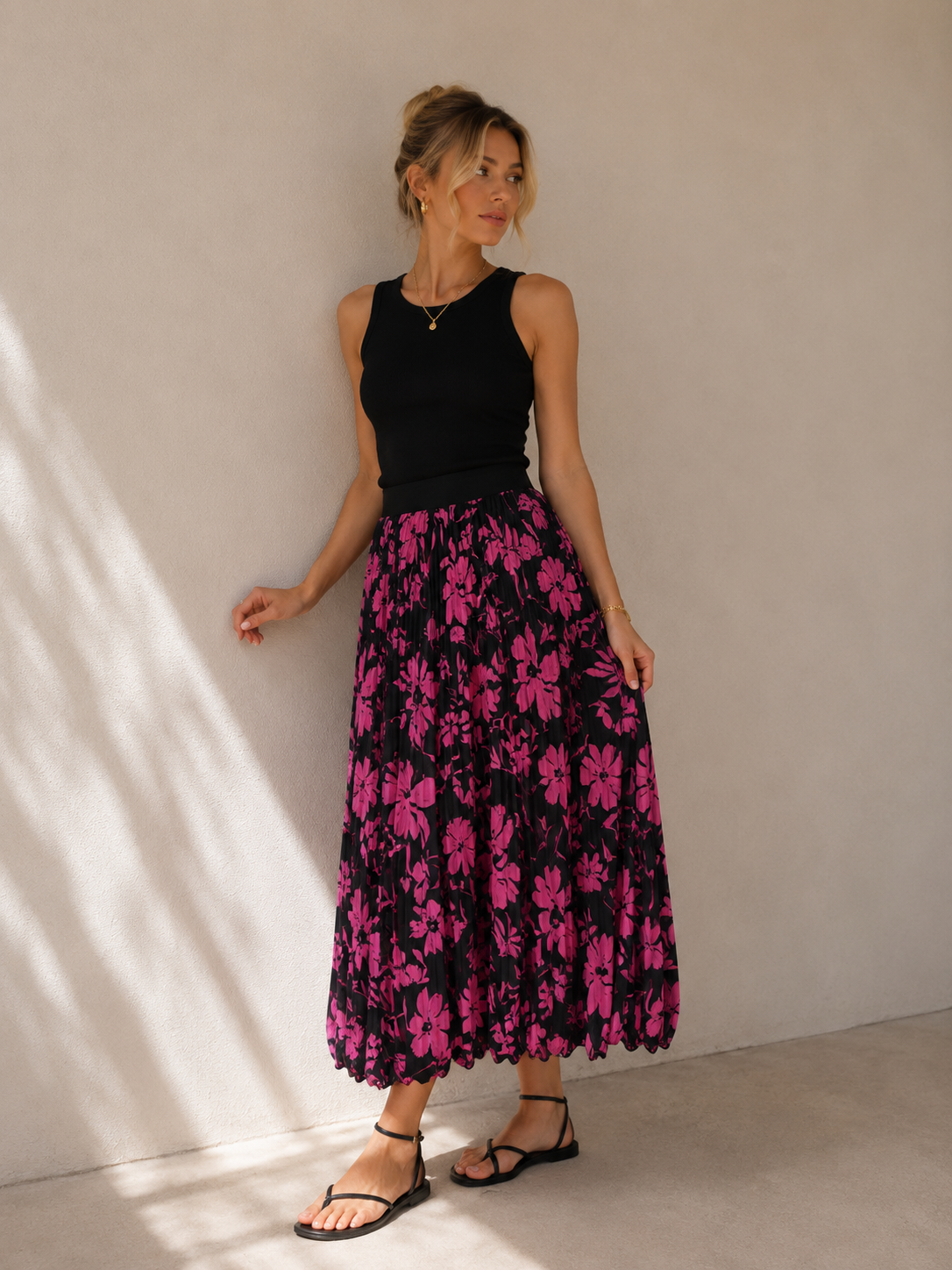 Fustă Midi Plisată cu Print Floral Roz-Negru