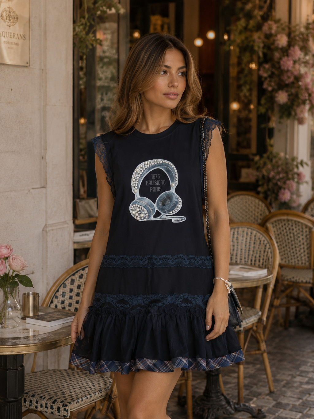 Rochie Bleumarin din Tul cu Print Grafic și Dantelă