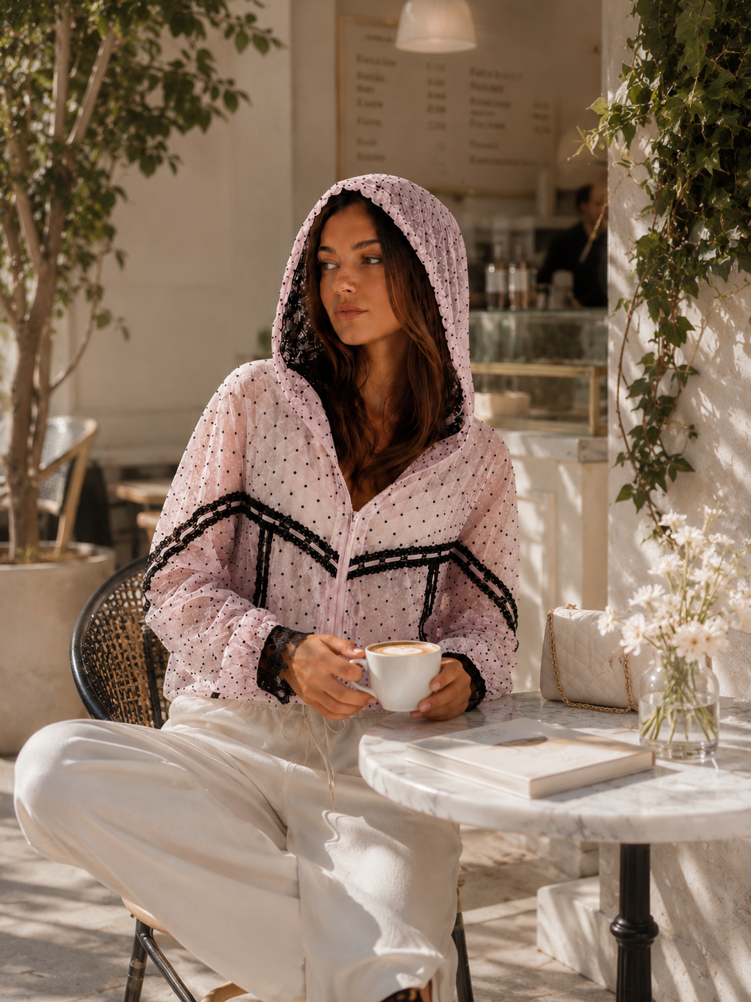A woman sits at a cafe table wearing a light pink hooded zip-up jacket with black geometric trim and white pants, holding a white coffee cup.