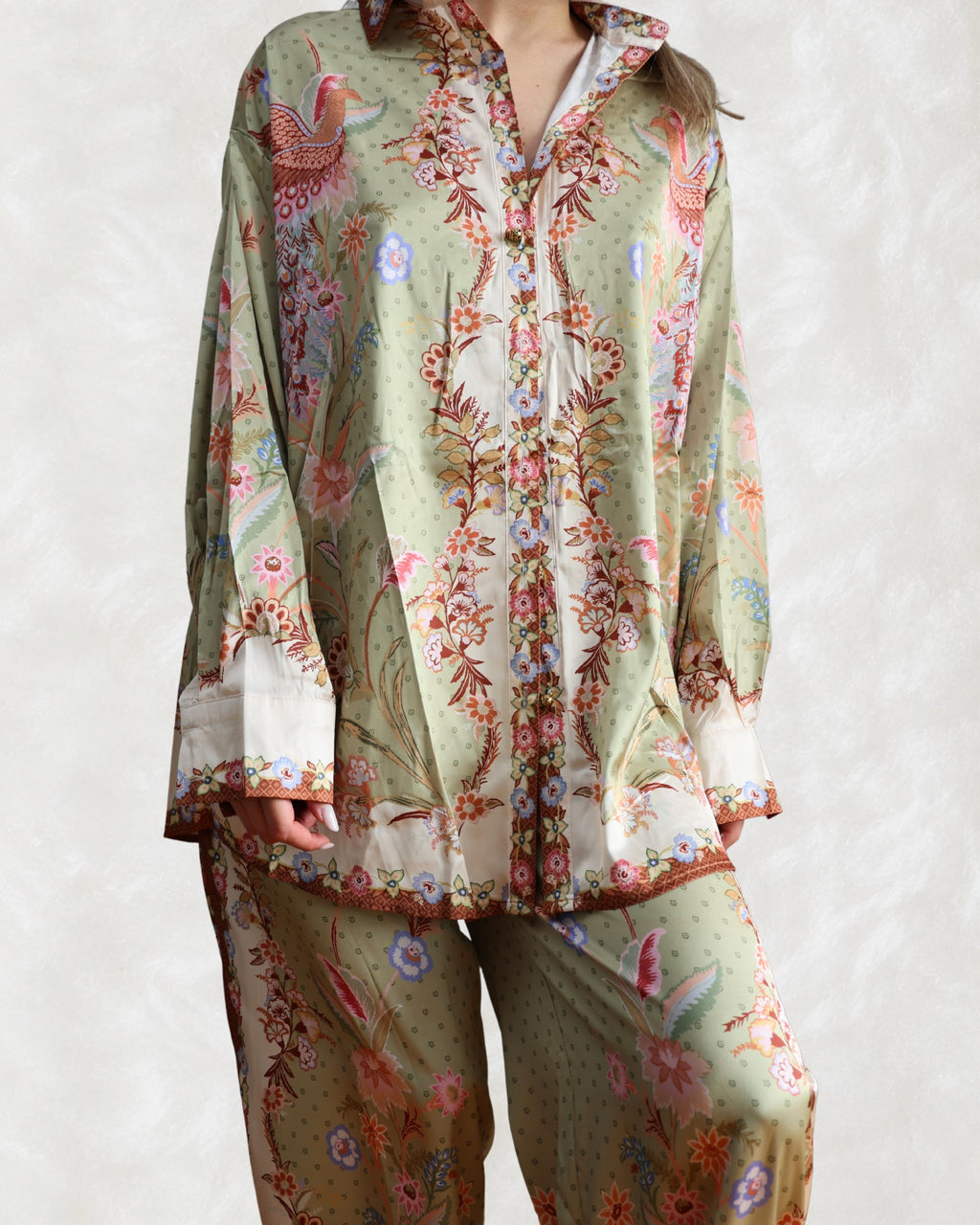 Compleu Cămașă Oversize și Pantaloni cu Print Floral Verde