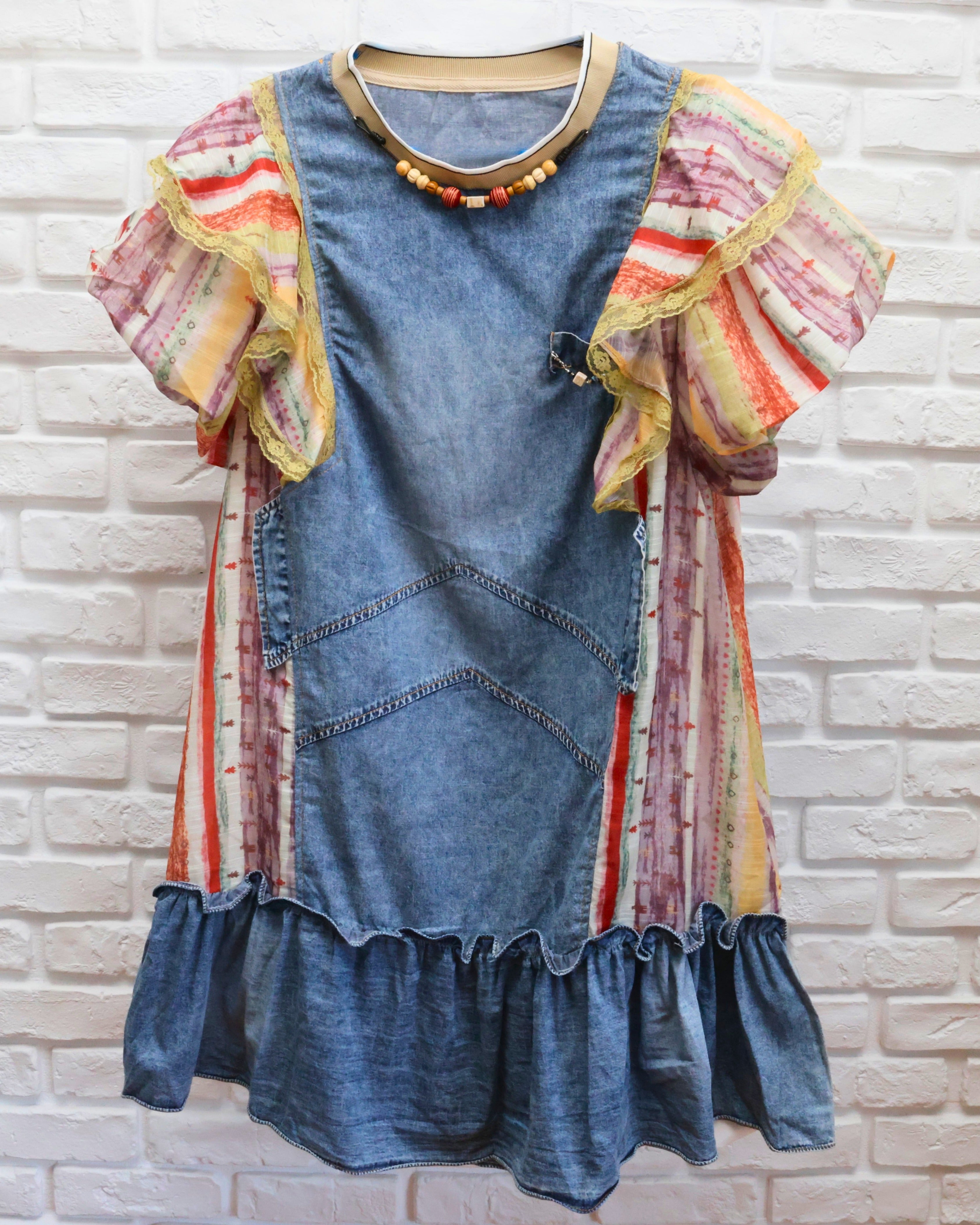 Rochie Denim Boho cu Mâneci Volan Print Etnic