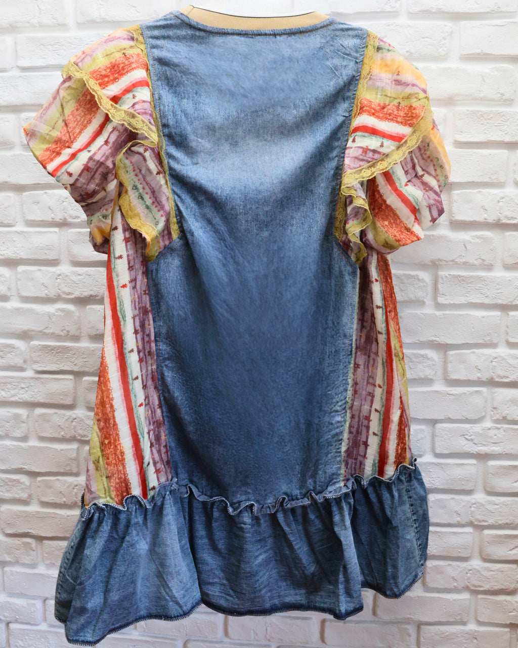 Rochie Denim Boho cu Mâneci Volan Print Etnic