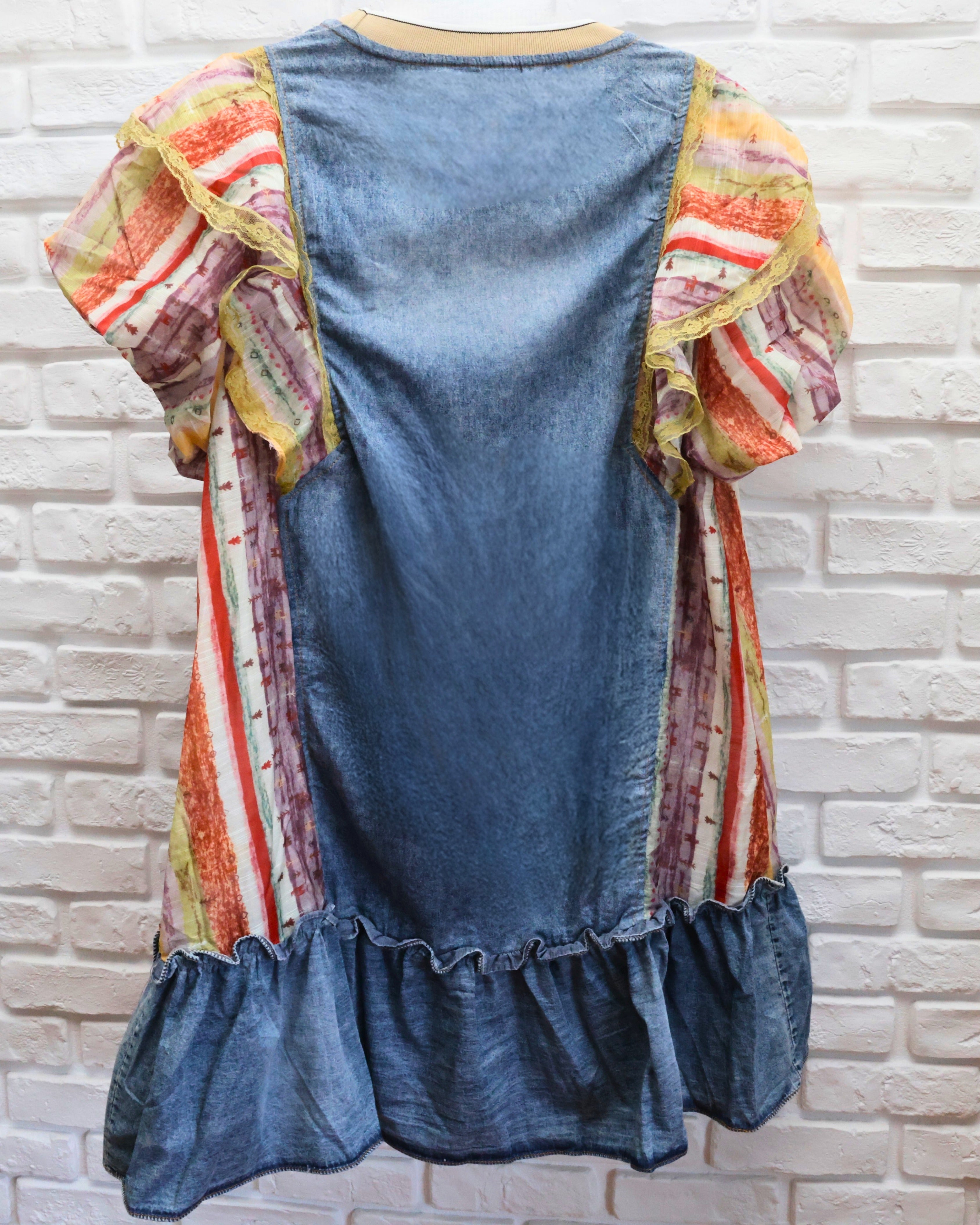 Rochie Denim Boho cu Mâneci Volan Print Etnic