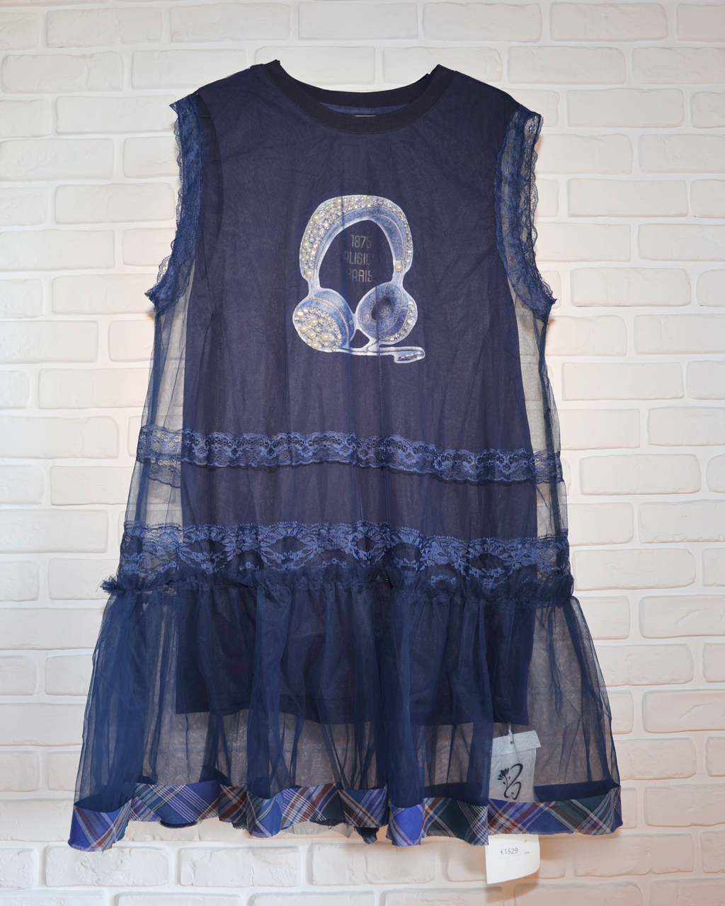 Rochie Bleumarin din Tul cu Print Grafic și Dantelă