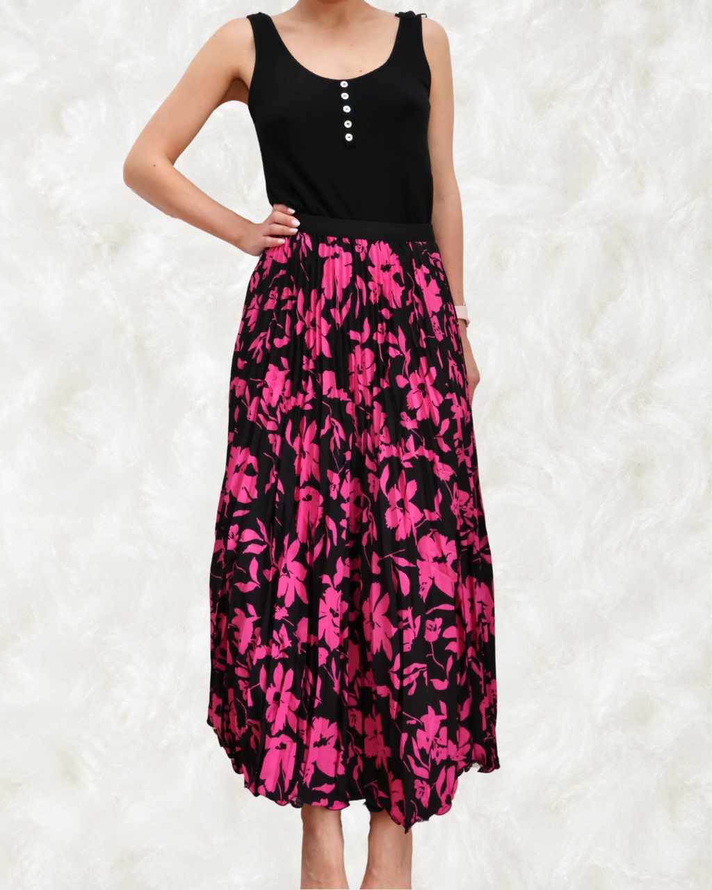 Fustă Midi Plisată cu Print Floral Roz-Negru