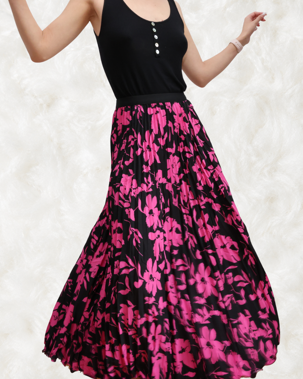 Fustă Midi Plisată cu Print Floral Roz-Negru