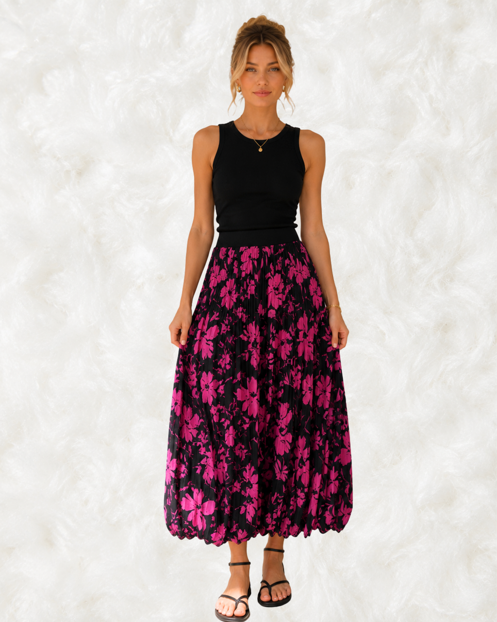 Fustă Midi Plisată cu Print Floral Roz-Negru