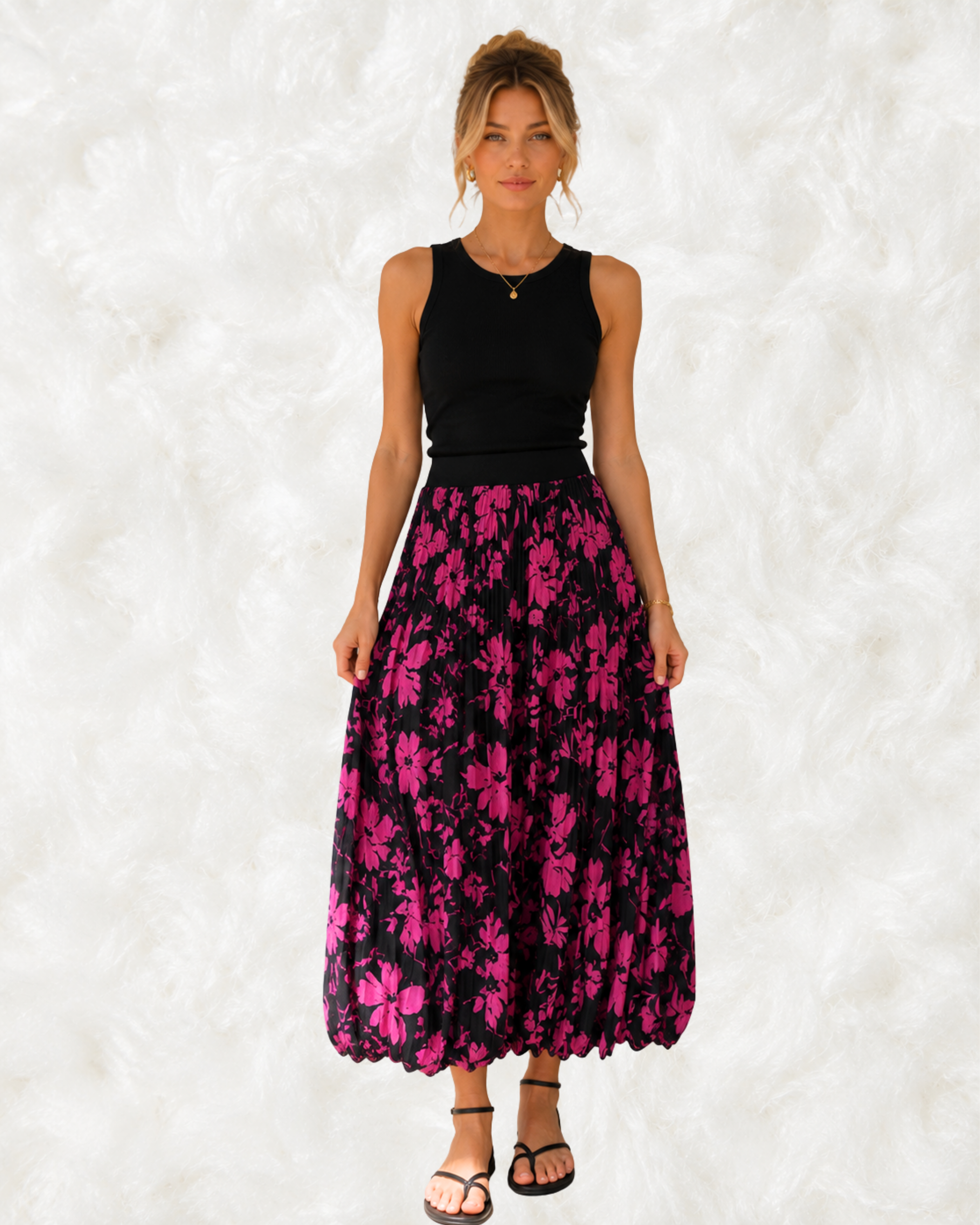 Fustă Midi Plisată cu Print Floral Roz-Negru