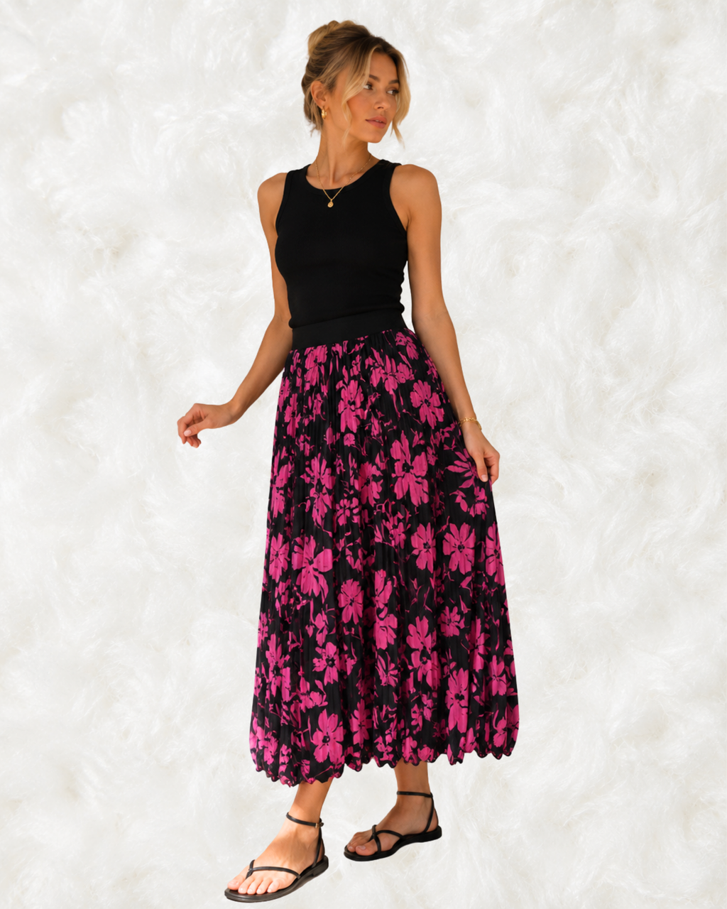 Fustă Midi Plisată cu Print Floral Roz-Negru