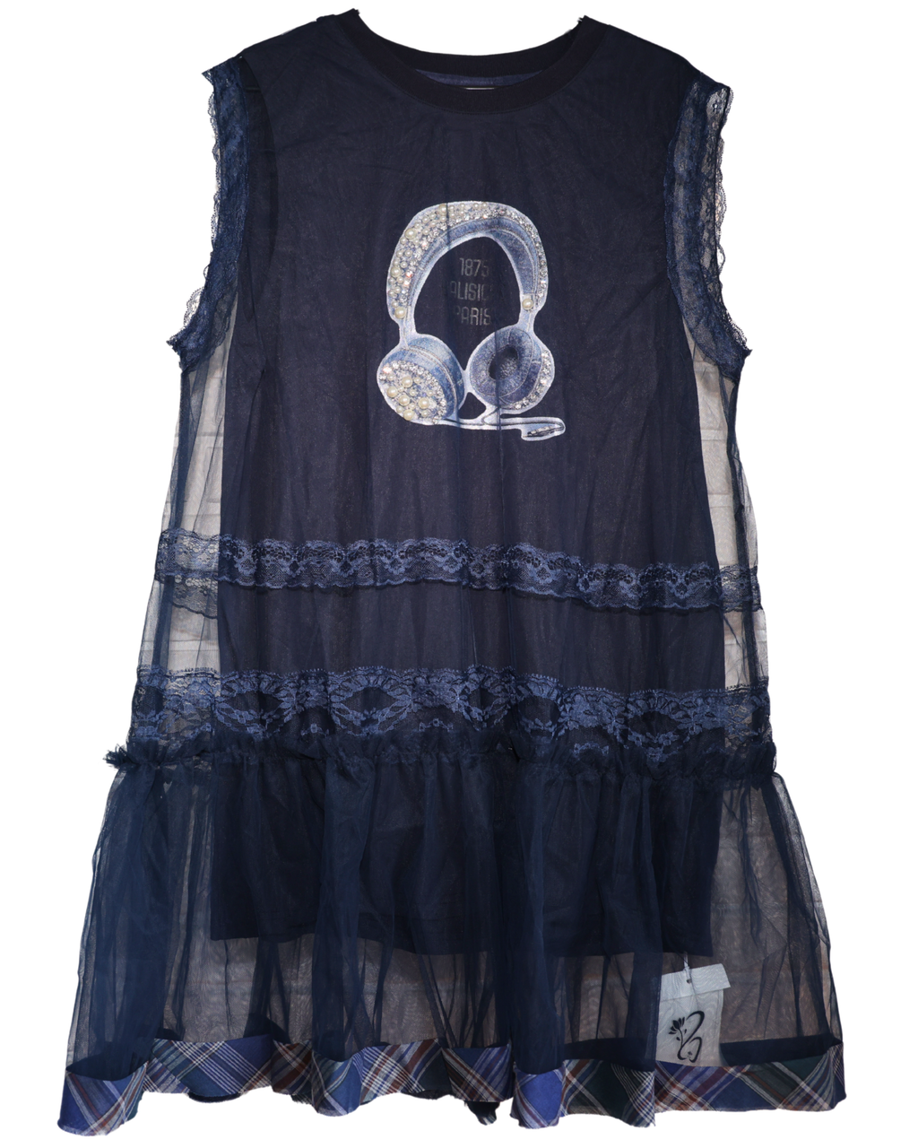 Rochie Bleumarin din Tul cu Print Grafic și Dantelă
