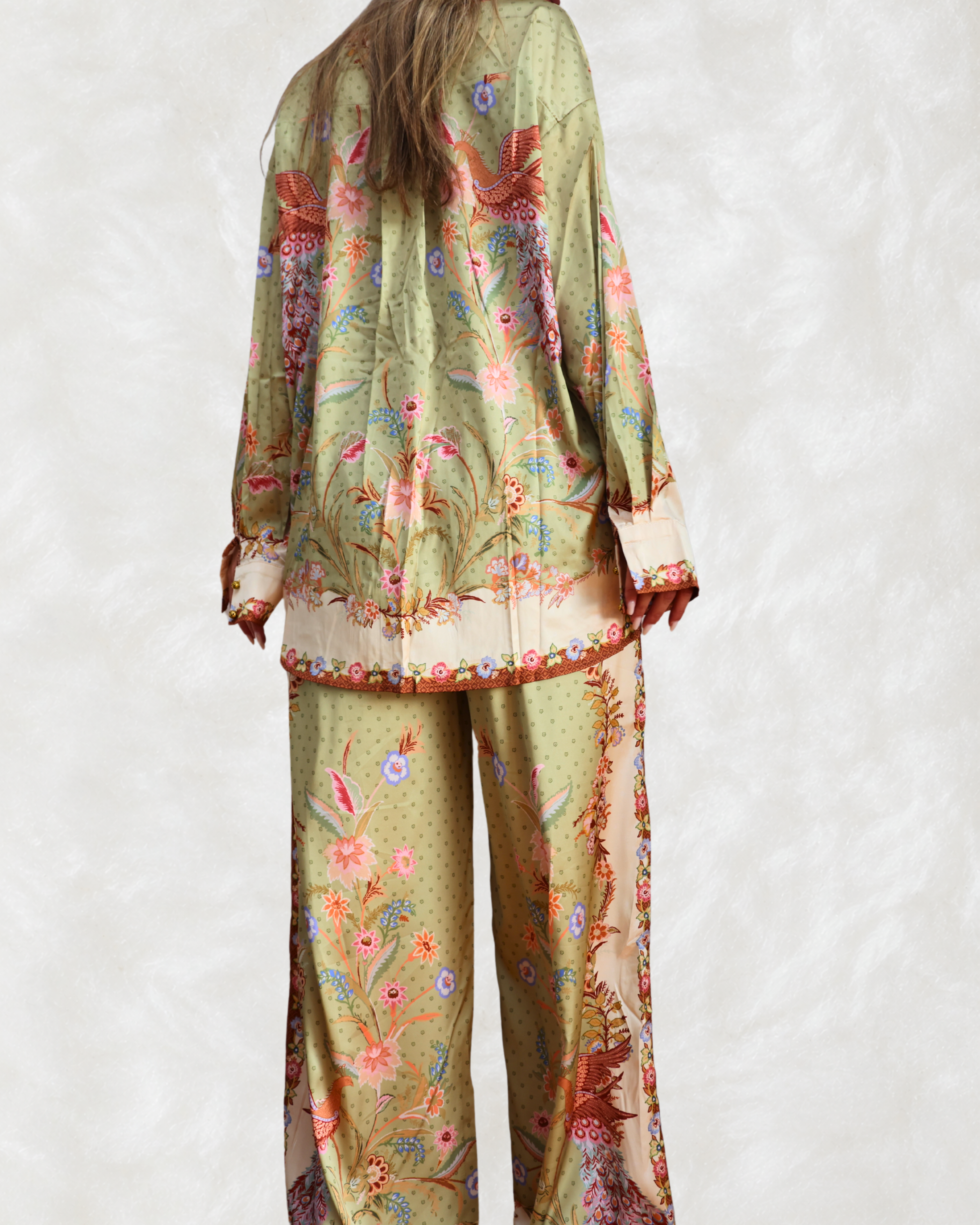 Compleu Cămașă Oversize și Pantaloni cu Print Floral Verde