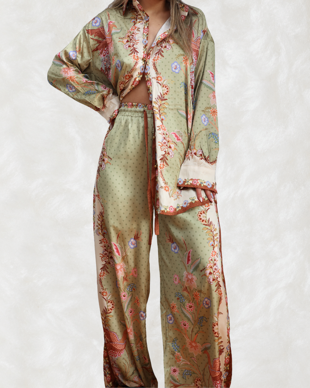 Compleu Cămașă Oversize și Pantaloni cu Print Floral Verde