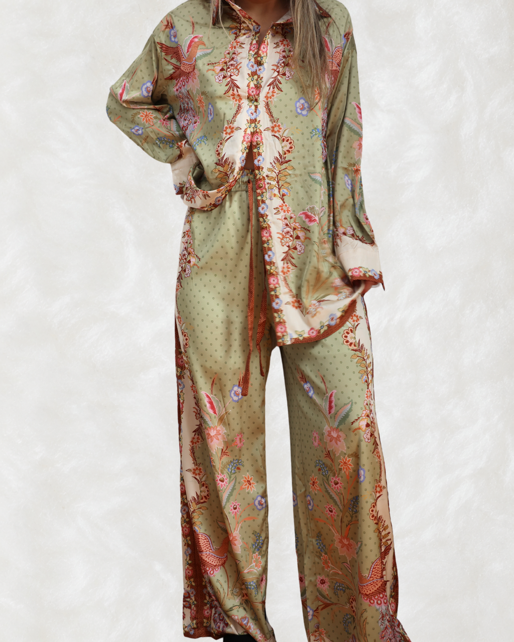 Compleu Cămașă Oversize și Pantaloni cu Print Floral Verde