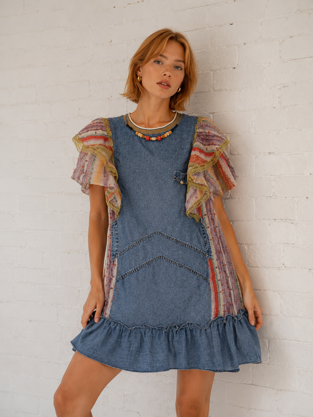 Rochie Denim Boho cu Mâneci Volan Print Etnic