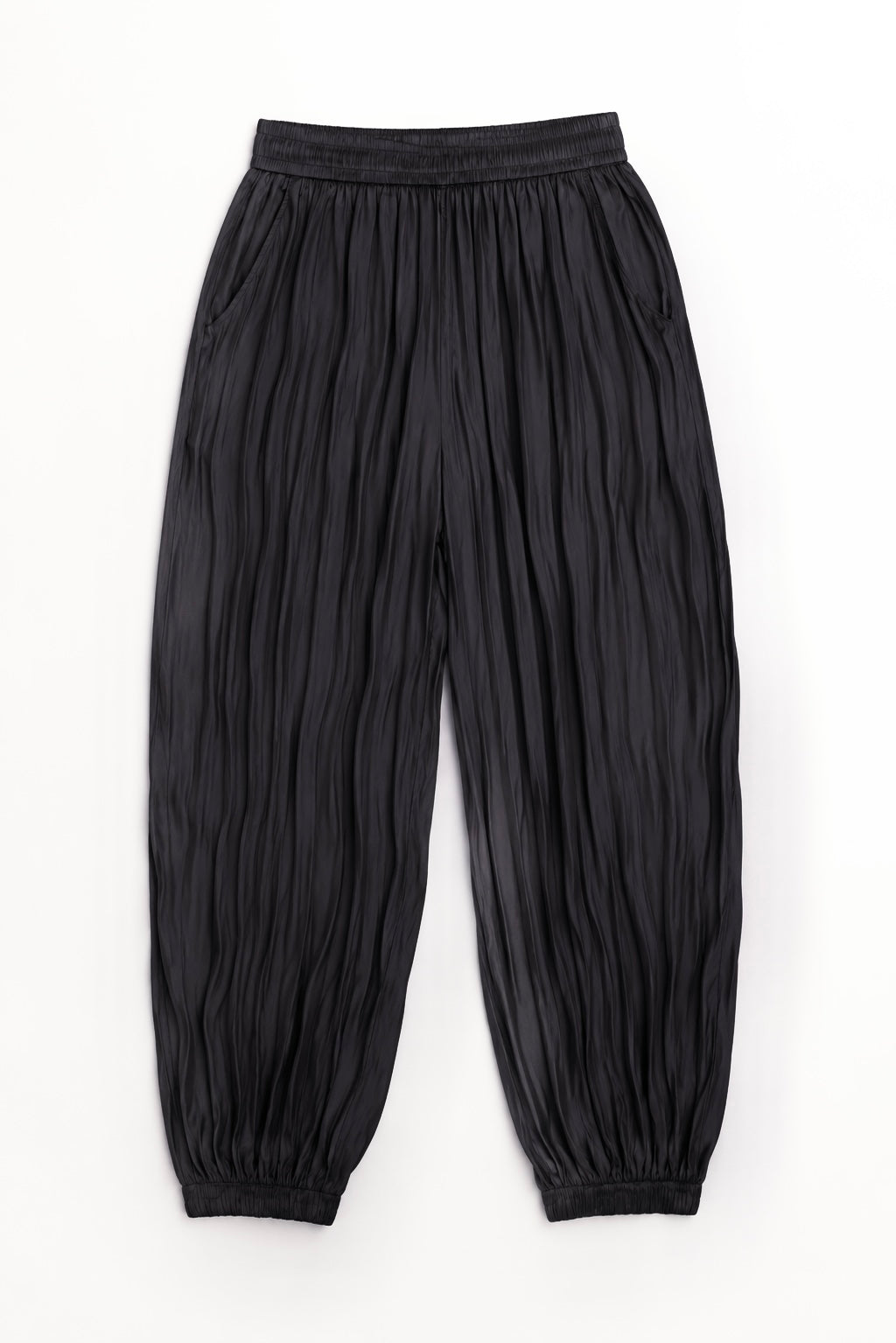 Pantaloni Satinați Plisați, Talie și Manșetă Elastică