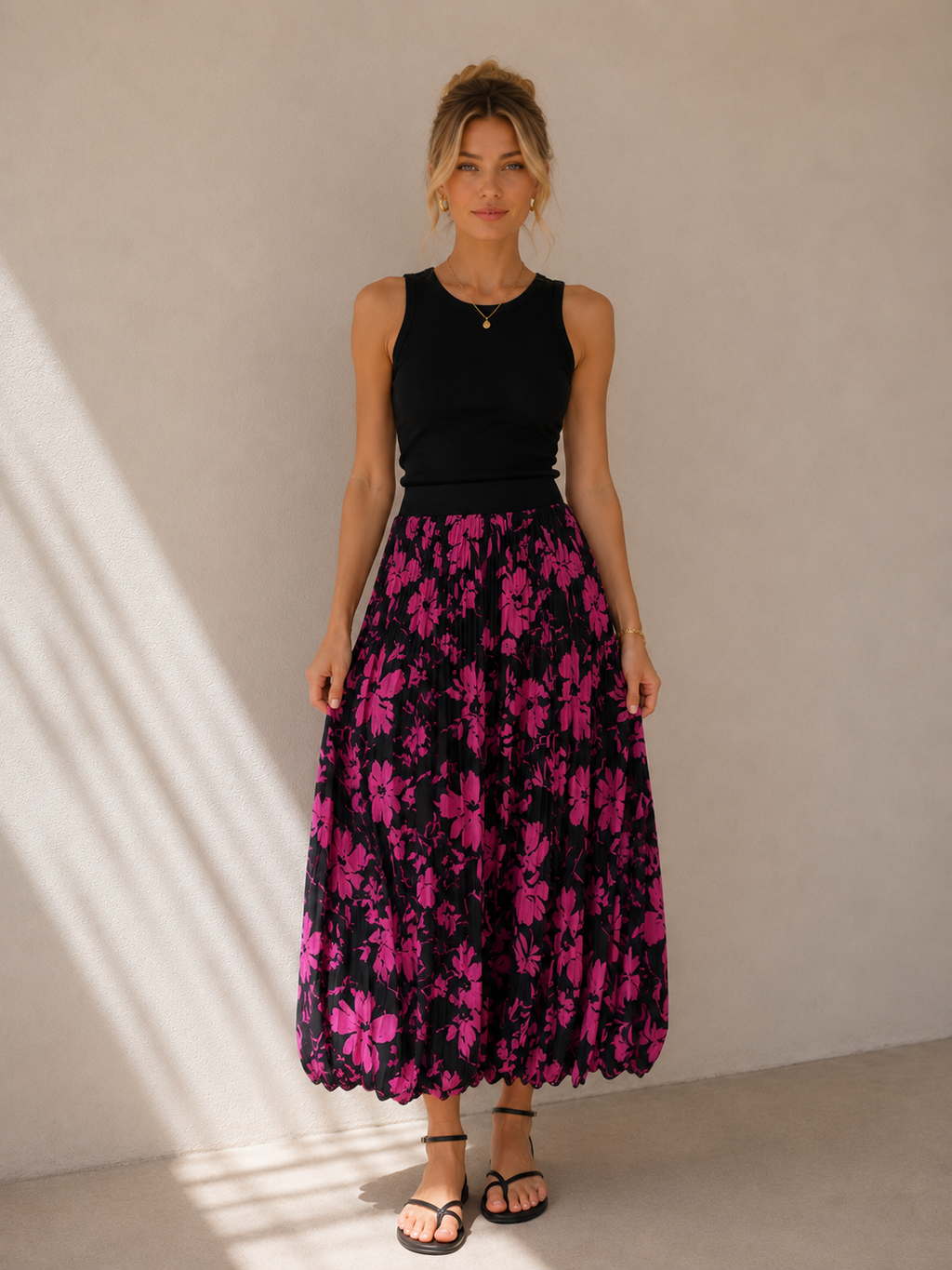 Fustă Midi Plisată cu Print Floral Roz-Negru