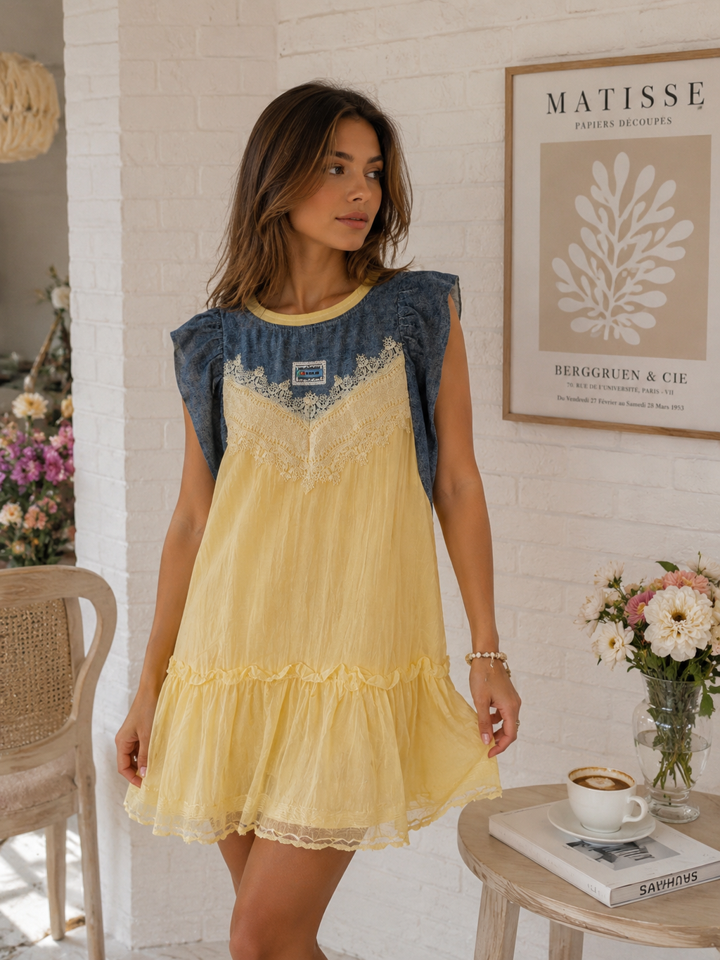 Rochie Denim cu Dantelă și Volane, Model Combinat
